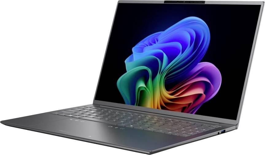 Offener Laptop-Computer mit einem farbenfrohen abstrakten Hintergrundbild auf weißem Hintergrund.