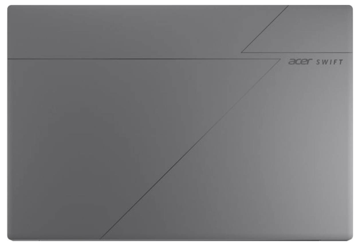 Geschlossener grauer Acer Swift Laptop mit Deckel mit diagonalen Akzentlinien und Logo in der oberen rechten Ecke.