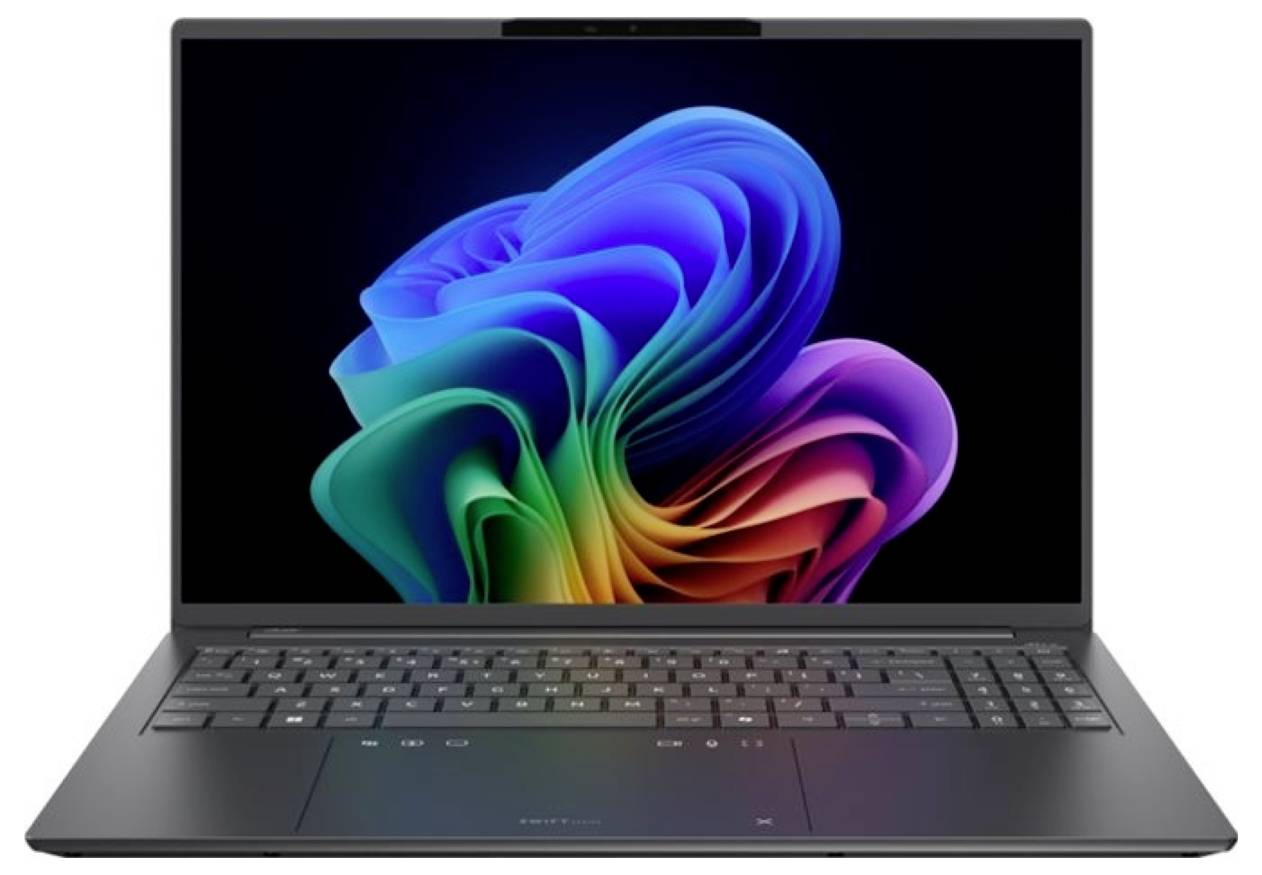 Offener Laptop mit farbenfrohem abstraktem Windows-ähnlichem Bloom-Hintergrundbild auf schwarzem Bildschirm.