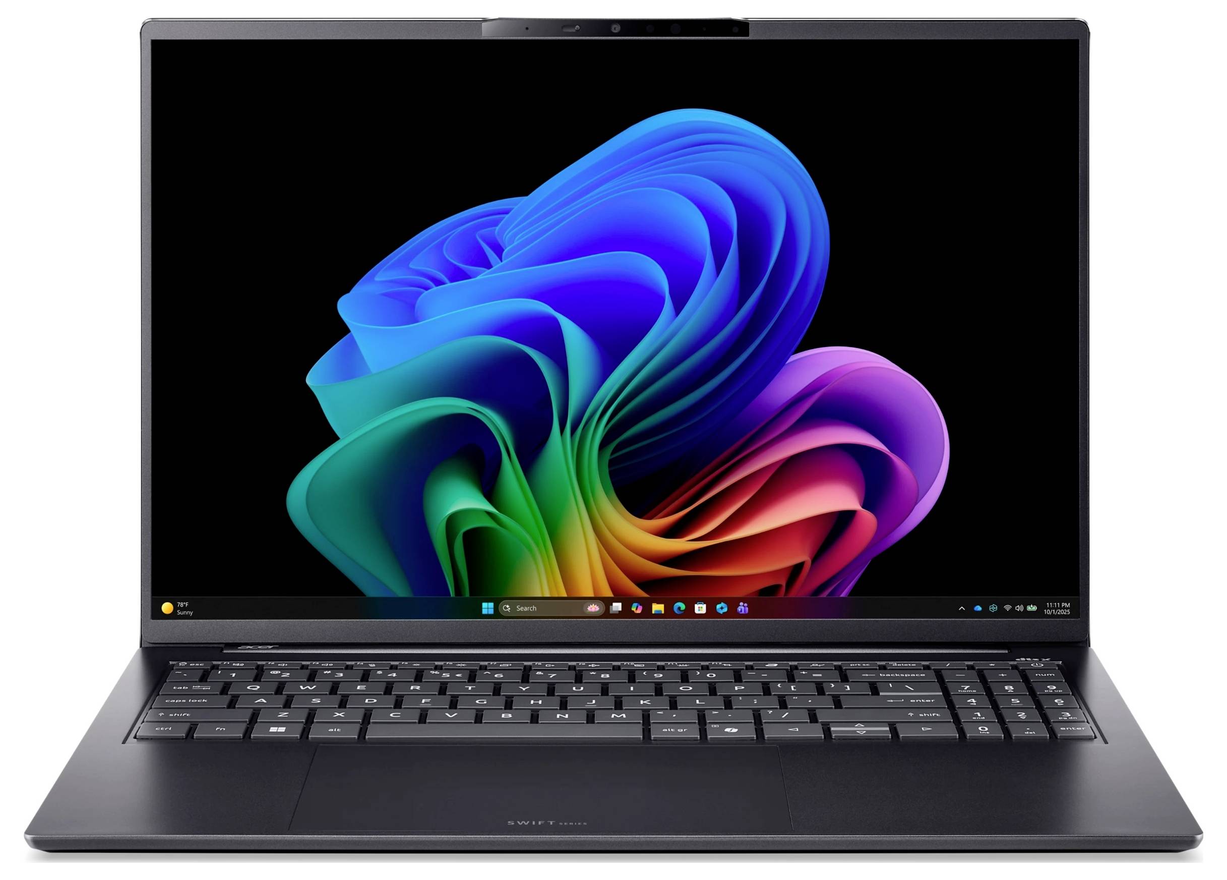 Offener Laptop, auf dem der Windows 11-Desktop mit einem farbenfrohen abstrakten Wirbeltapete auf einem schwarzen Bildschirm angezeigt wird.