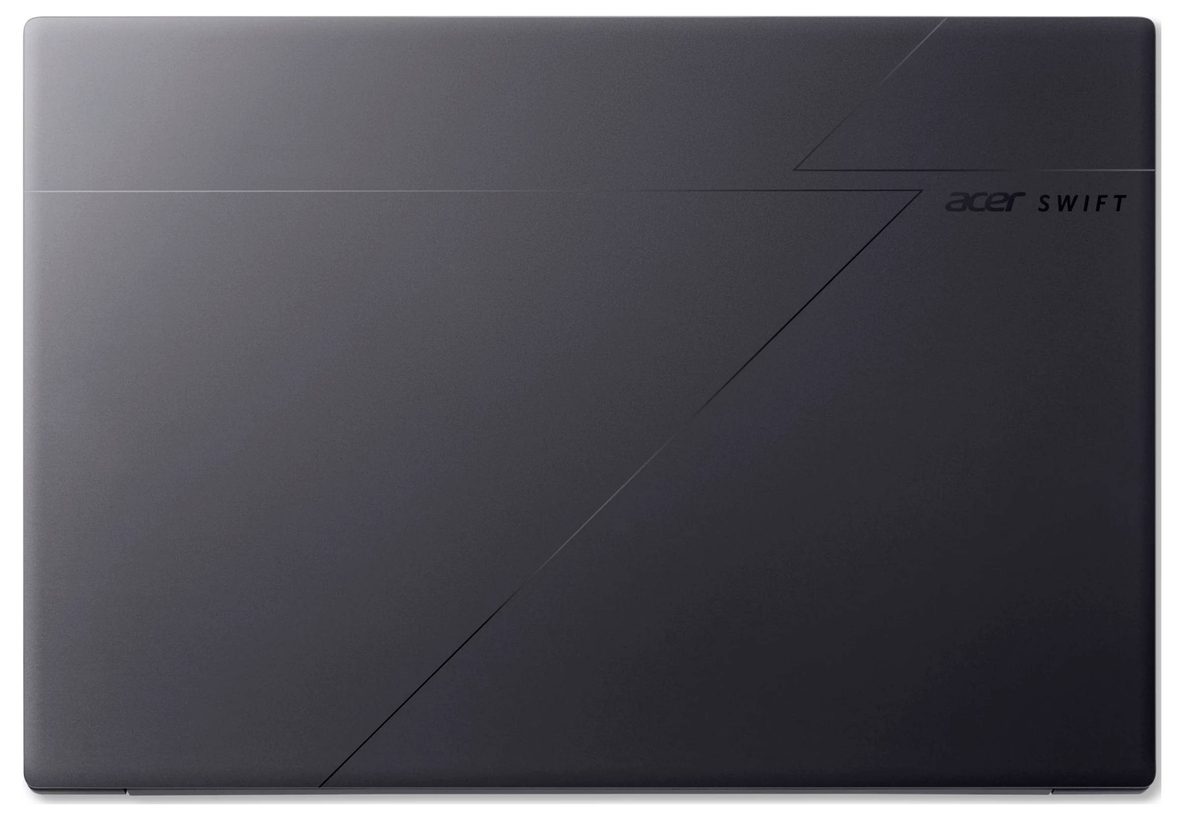 Geschlossener dunkelgrauer Acer Swift Laptop von oben gezeigt, mit dem Acer Swift Logo in der oberen rechten Ecke und einer diagonalen Designlinie über dem Deckel.