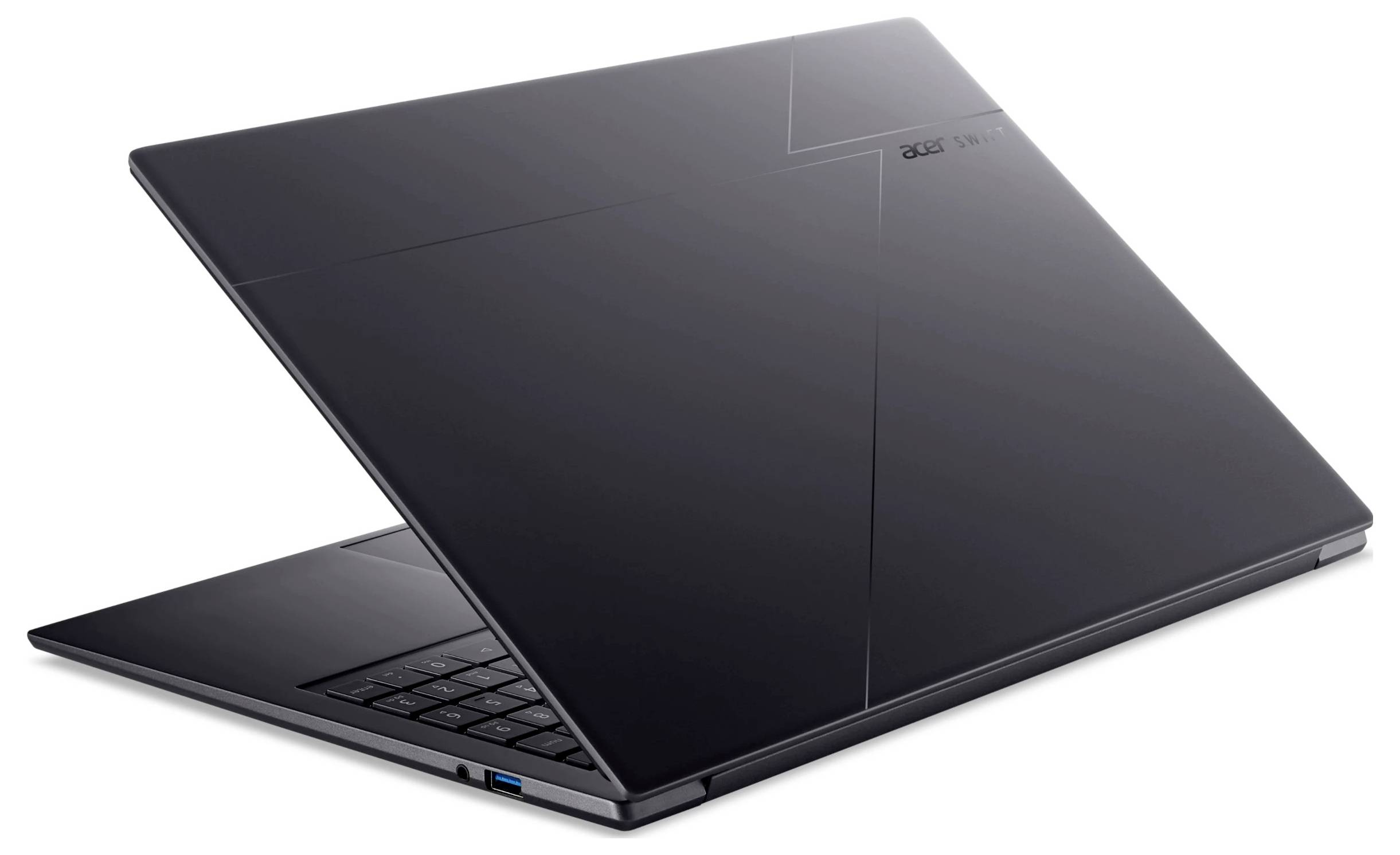 Offener schwarzer Acer-Laptop teilweise geschlossen auf weißem Hintergrund gezeigt, mit sichtbarer Tastatur.