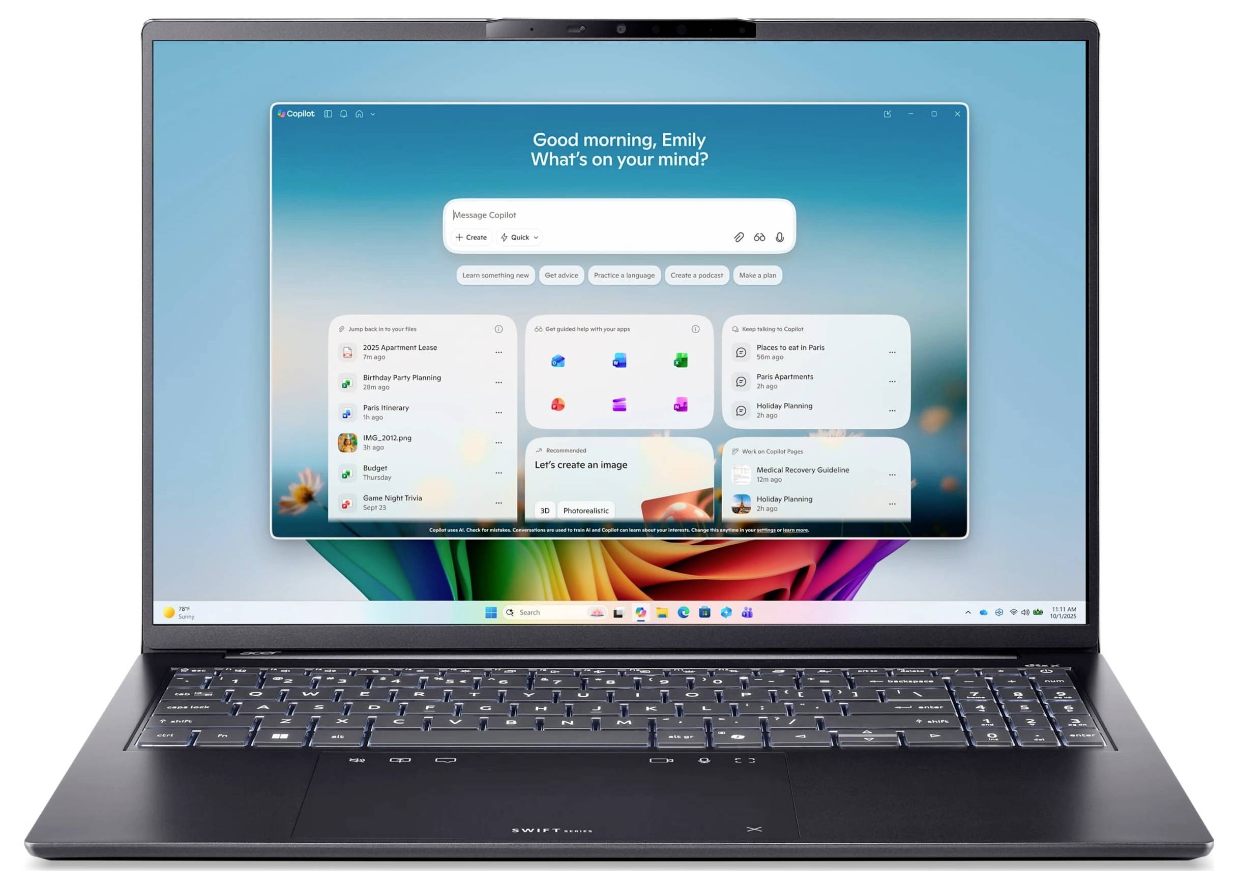 Laptop mit Windows-ähnlichem Startbildschirm mit zentraler Suchleiste und Widget-/Dashboard-Karten auf blauem Hintergrund.