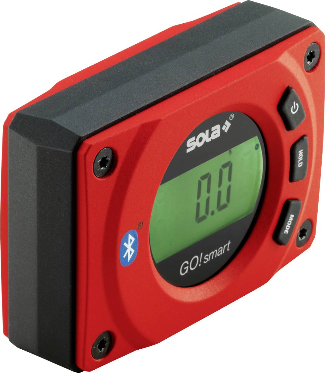 Digitales Winkelmessgerät Sola GO!smart mit rotem Gehäuse, grünem LCD-Display mit Anzeige 0.0, Power- und Modustasten sowie Bluetooth-Symbol