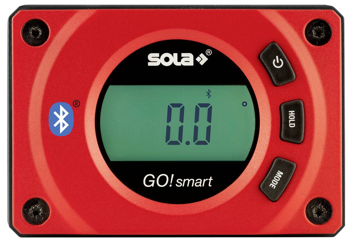 Rote SOLA Go! intelligente digitale Wasserwaage mit 0,0-Anzeige auf grünem Display, mit Bluetooth-Symbol und Ein-/Ausschalter-, Halten- und Modustaste.