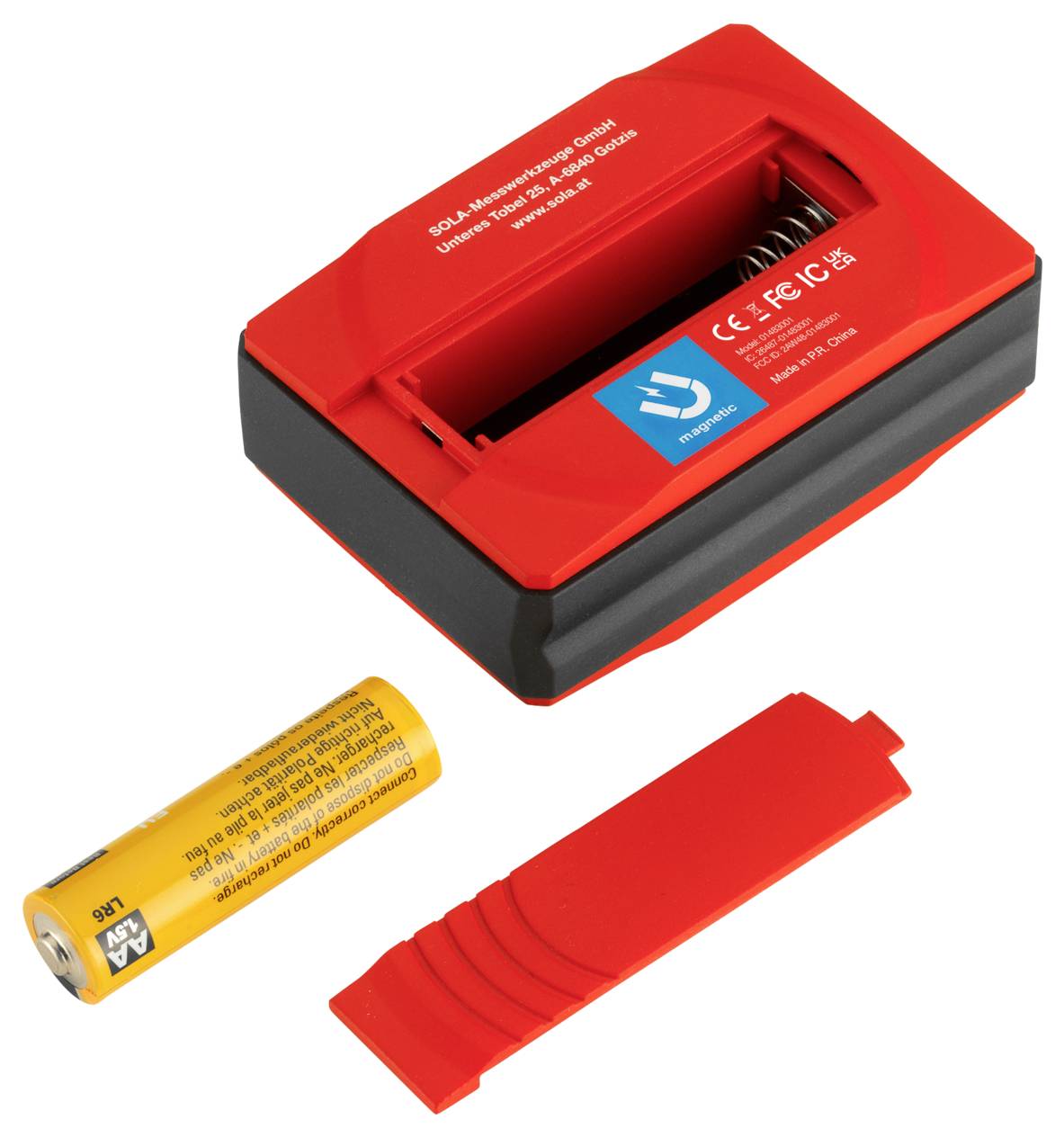 Rotes Batteriladegerät mit einem gelben 18650-Lithium-Ionen-Akku und einer roten Batteriehülle oder -abdeckung.