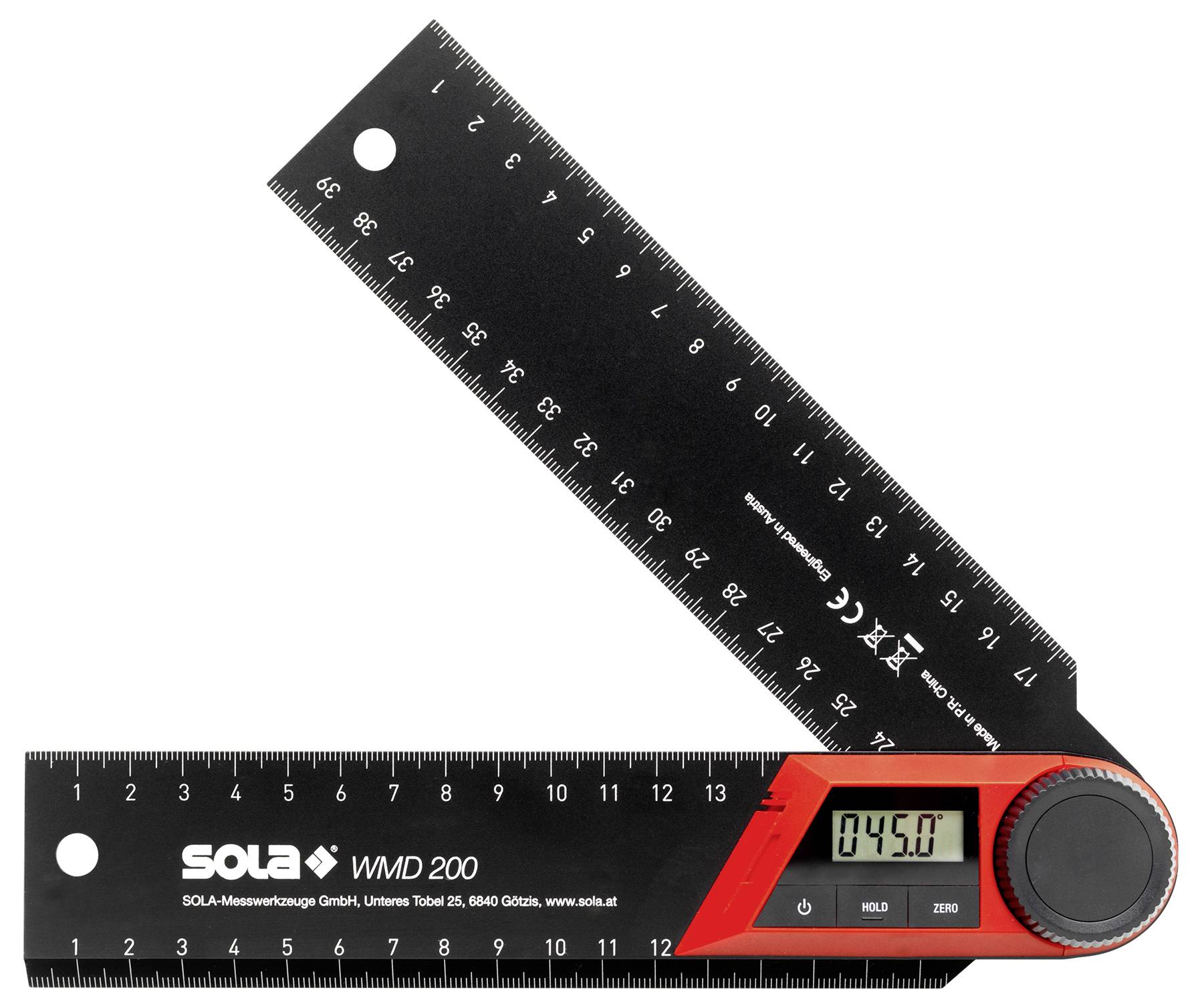 Digitales Winkelmessgerät und Lineal mit einer 45,0°-Messung, mit einem beweglichen schwarzen Linealarm und roter Anzeigeeinheit.