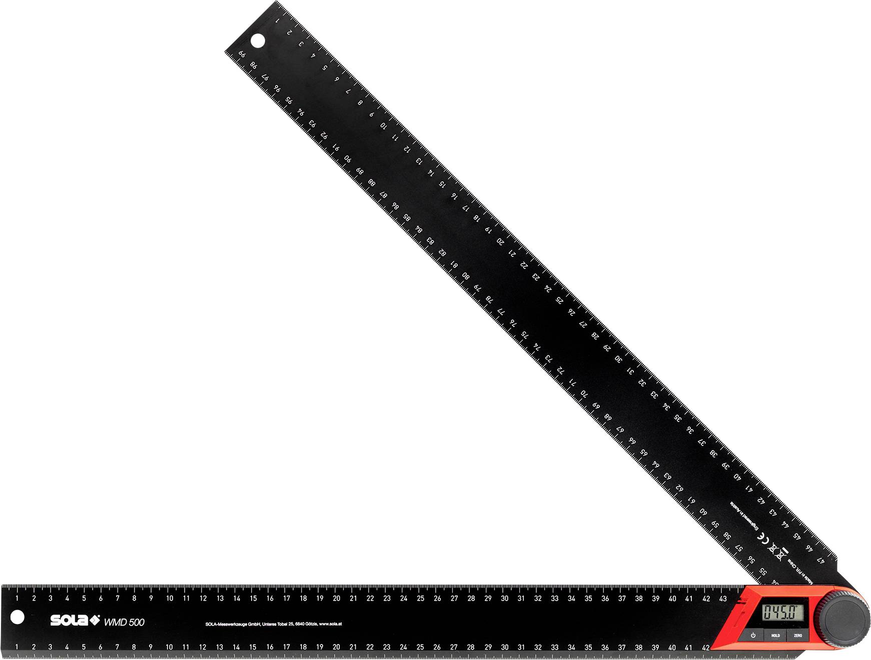 Schwarzes Klappwinkelmesser mit markierten Messskalen und kleinem digitalen Display, geöffnet in L-Form dargestellt.