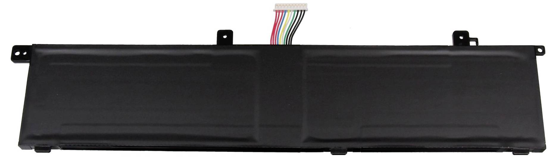 Schwarzes rechteckiges elektronisches Bauteil mit Montagelaschen und einem mehrfarbigen Steckverbinder oben, auf weißem Hintergrund dargestellt.