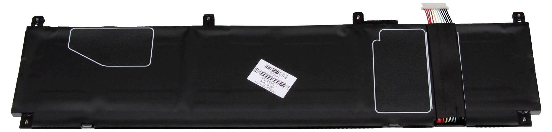 Schwarzes Laptop-Akkupack mit angebrachten Verbindungskabeln und Barcode-Etikett, auf weißem Hintergrund dargestellt.