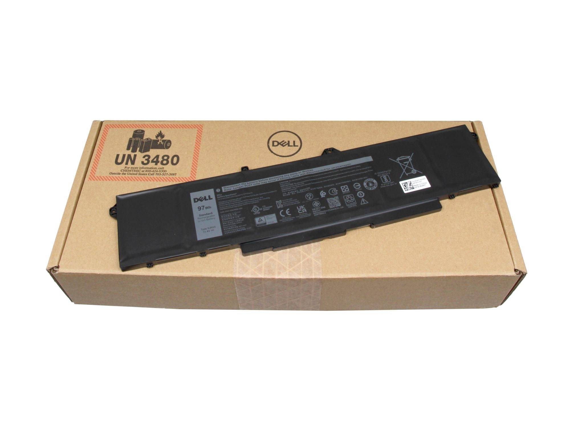 Dell-Laptop-Akku, der auf einem Karton-Versandkarton mit der Kennzeichnung UN 3480 für Lithium-Batterien ruht.