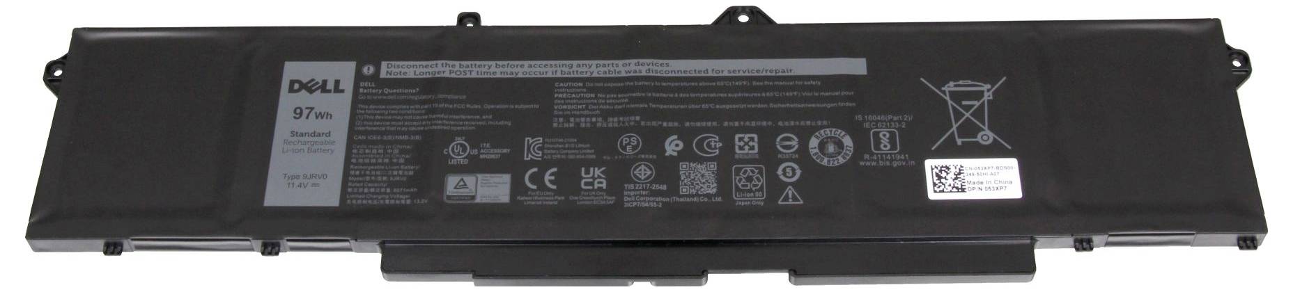 Schwarzes Dell-Laptop-Akkupaket mit Etiketten und Zertifizierungssymbolen, Seitenansicht auf weißem Hintergrund.