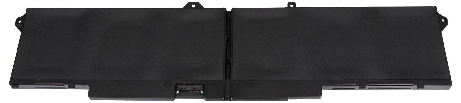 Schwarzes rechteckiges elektronisches Batteriepaket mit vier Befestigungslaschen und einem zentralen Anschlussport.