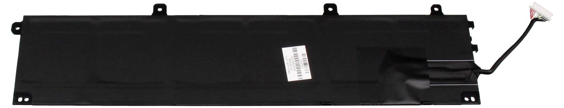 Schwarzes rechteckiges elektronisches Batteriepack oder Modul mit Montagelaschen und einem Kabelstecker auf der rechten Seite