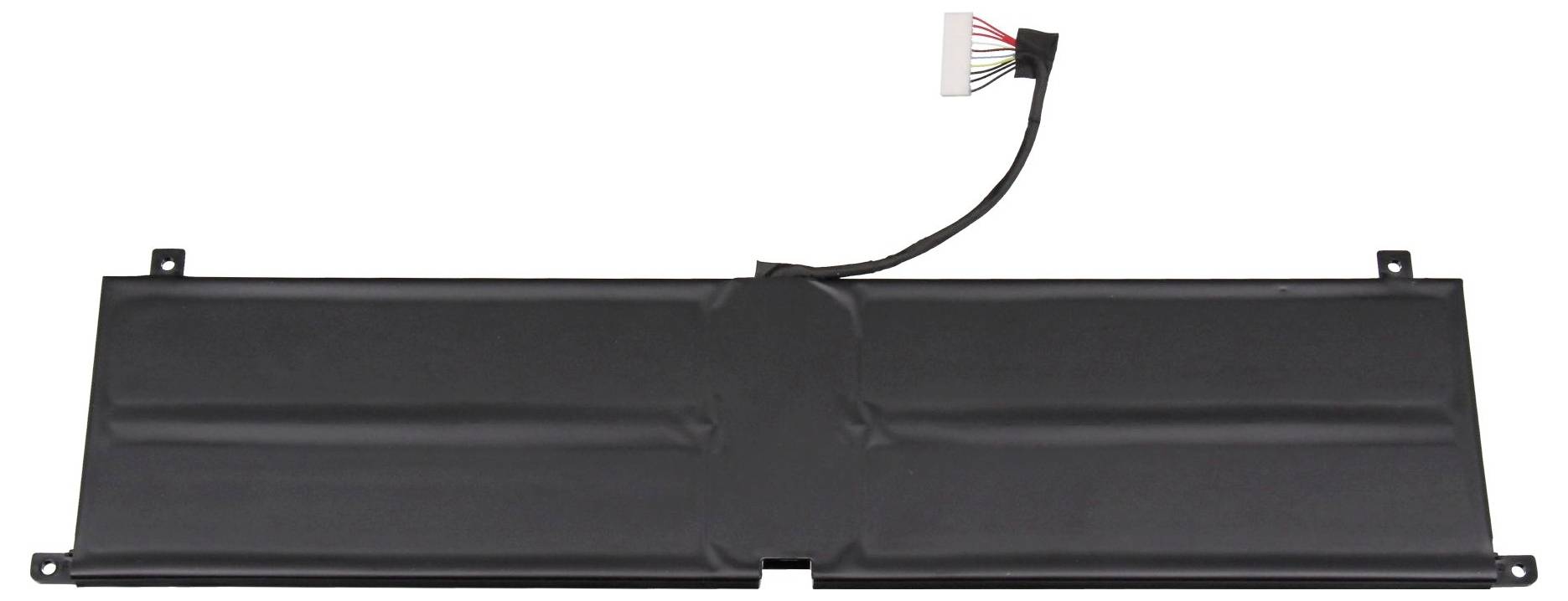 Schwarze rechteckige Batteriepacks mit Montagelaschen und weißem Anschlusskabel, dargestellt auf weißem Hintergrund.