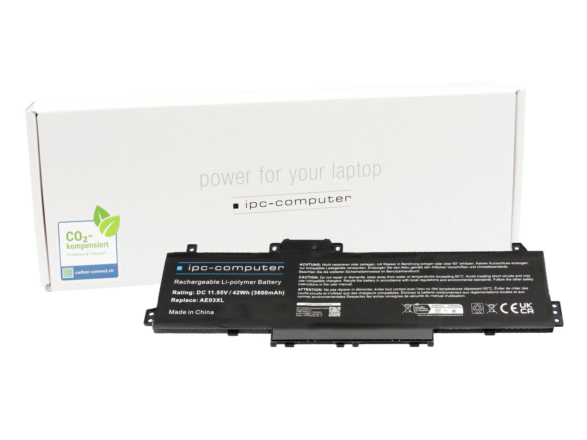 Ersatz-Laptop-Akku vor einer IPC-Computer-Box mit den Aufschriften „Stromversorgung für Ihren Laptop