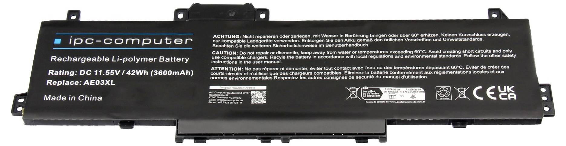 Schwarzer wiederaufladbarer Li-Polymer-Akkupack mit Beschriftung „ipc-computer