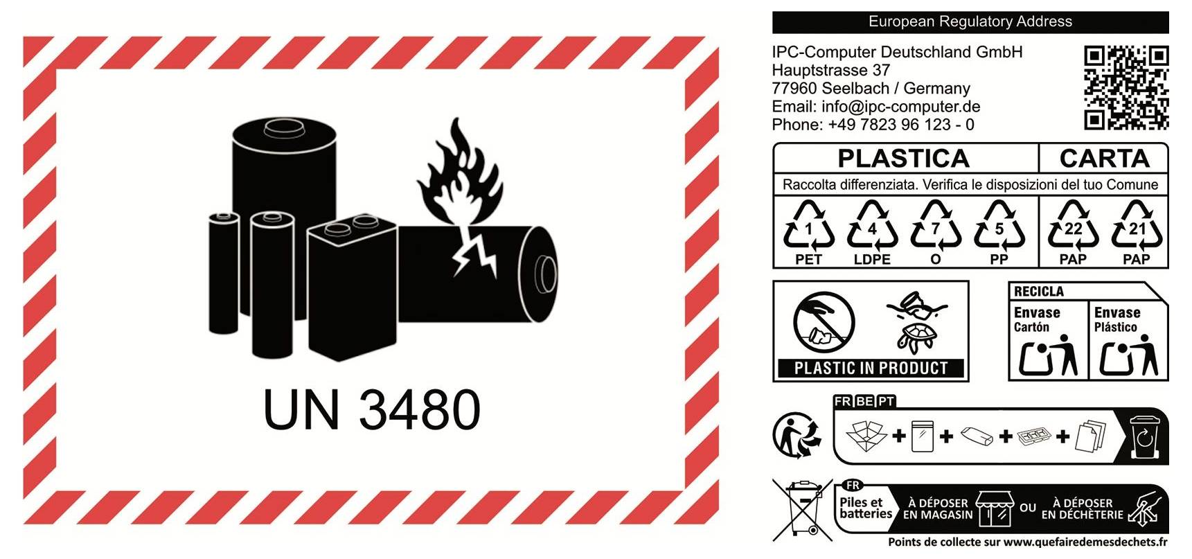 Gefahrenetikett für UN 3480 Lithiumbatterien auf weißer Verpackung mit rot gestreiftem Rand, Batteriesymbol mit Flamme und Recycling-/Entsorgungsanweisungen auf Italienisch.