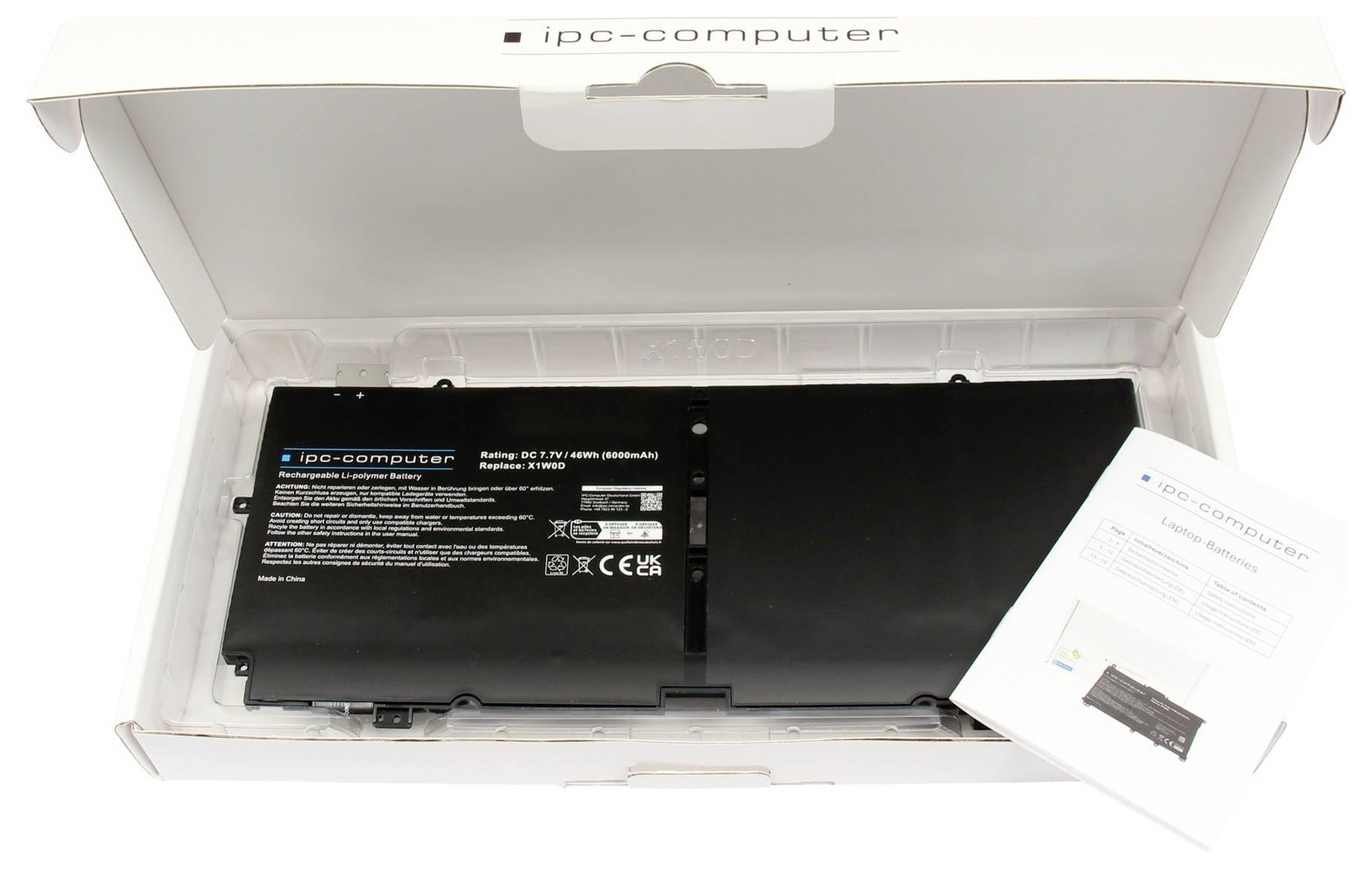 Öffnen Sie die weiße IPC-Computer-Laptop-Batteriebox, die einen schwarzen Ersatzakku und ein Anleitungsblatt enthält.