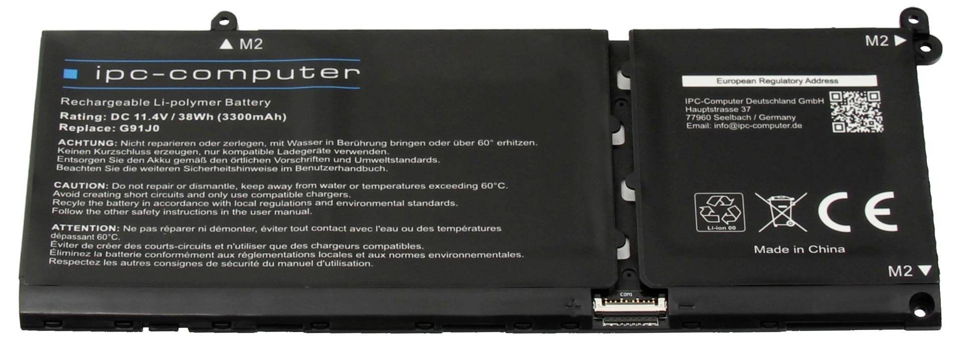 IPC-Computer M2 Lithium-Polymer-Akkupack, schwarzes rechteckiges Modul mit Warnaufklebern, Stecker und QR-Code, gekennzeichnet mit „Made in China