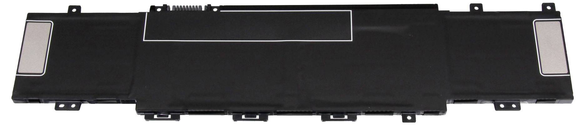 Schwarzes Laptop-Akkupack mit silbernen Endkappen, horizontal auf weißem Hintergrund dargestellt.