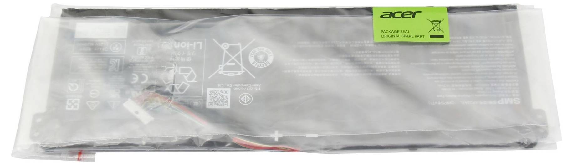 Acer-Laptop-Akku in einer durchsichtigen Plastiktüte, mit einem grünen Acer-Aufkleber gekennzeichnet.