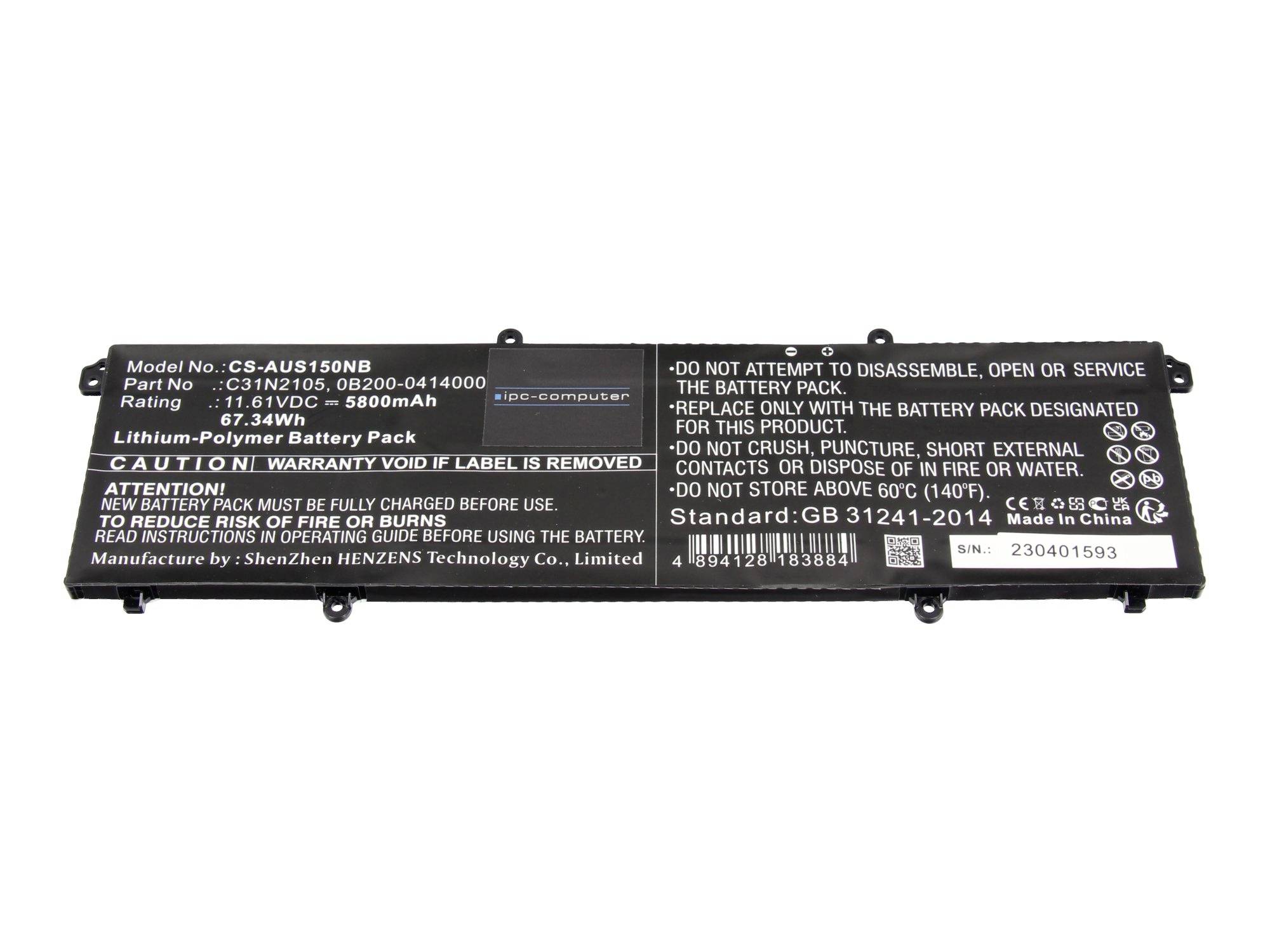 Schwarzes Lithium-Ionen-Laptop-Akku-Pack mit Warnbezeichnungen und auf dem Gehäuse aufgedruckten Spezifikationen.