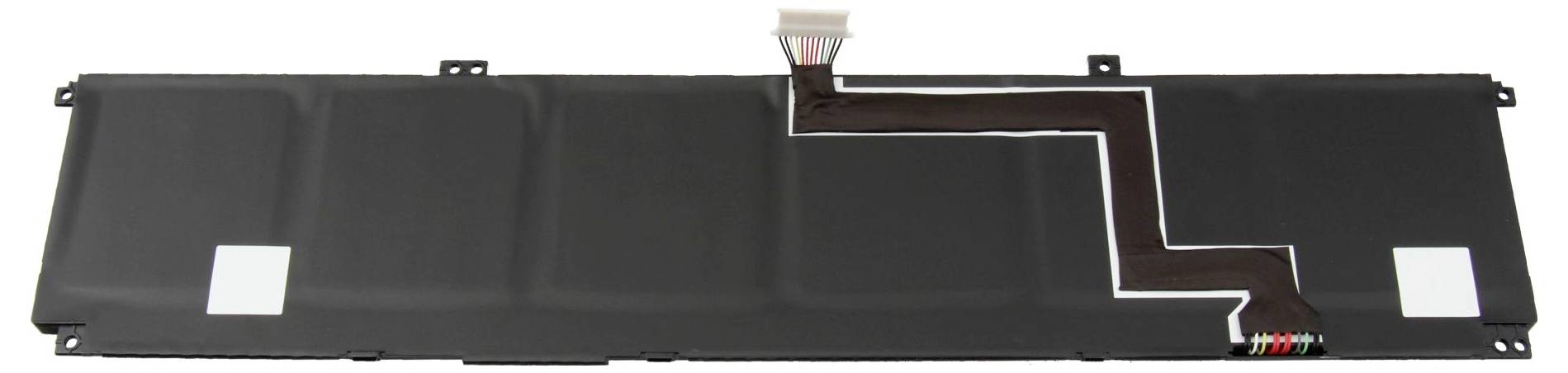 Schwarze Laptop-Batteriepacks mit kleinem weißem Etikett und freiliegendem Anschluss, gezeigt vor weißem Hintergrund.