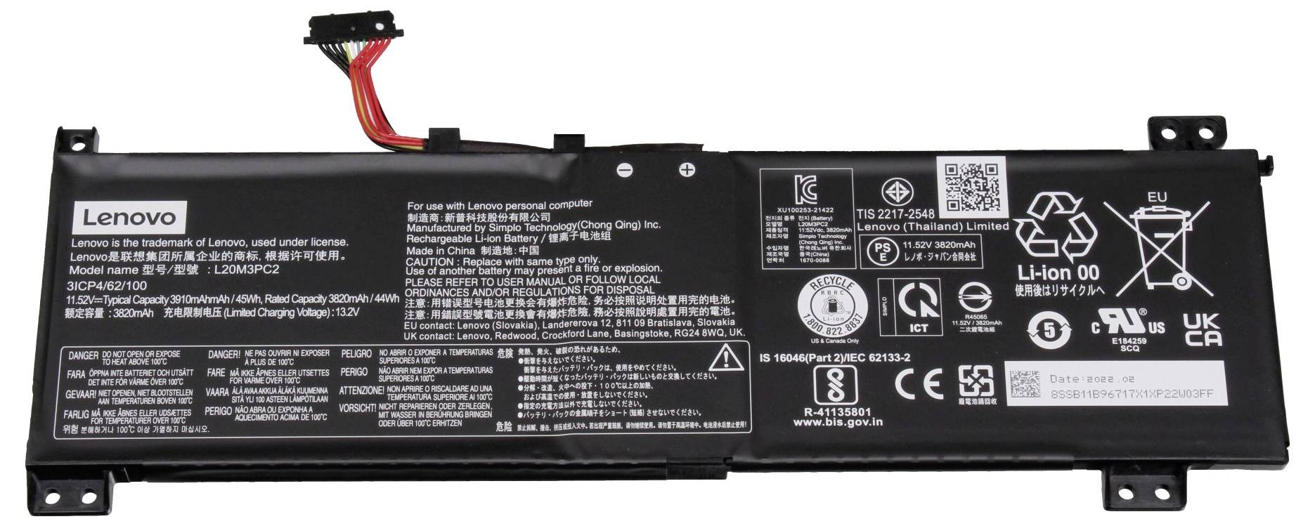 Schwarzes Lenovo-Laptop-Batteriepack mit Modell- und Sicherheitsetiketten, horizontal auf weißem Hintergrund dargestellt.
