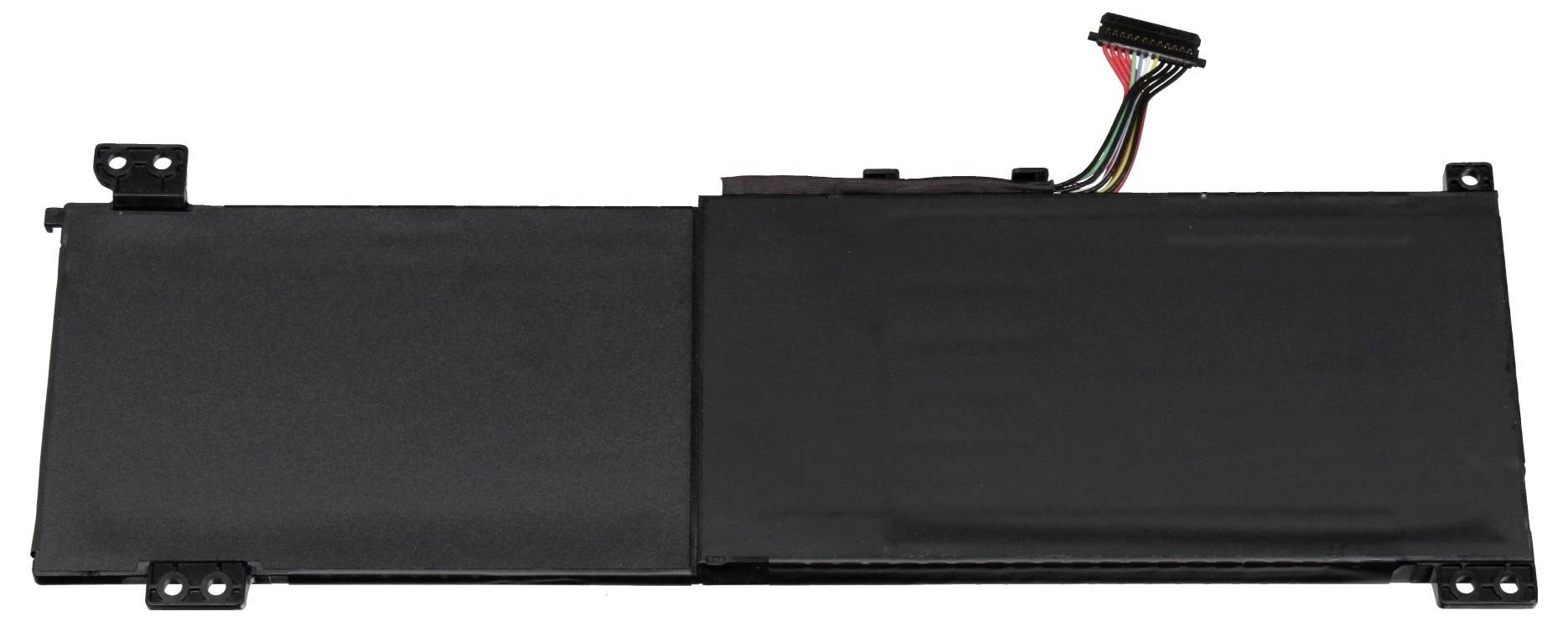 Schwarzer rechteckiger Laptop-Akkupack mit Befestigungslaschen und angebrachtem Kabelstecker.