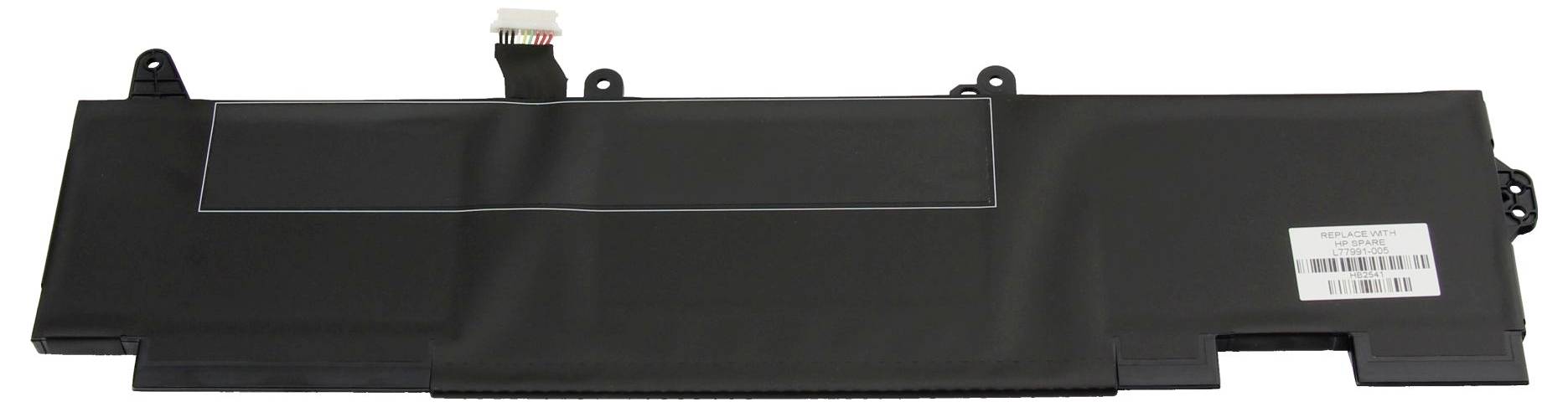 Schwarzes rechteckiges Laptop-Akkupack mit Anschluss und Barcode-Etikett auf der rechten Seite.