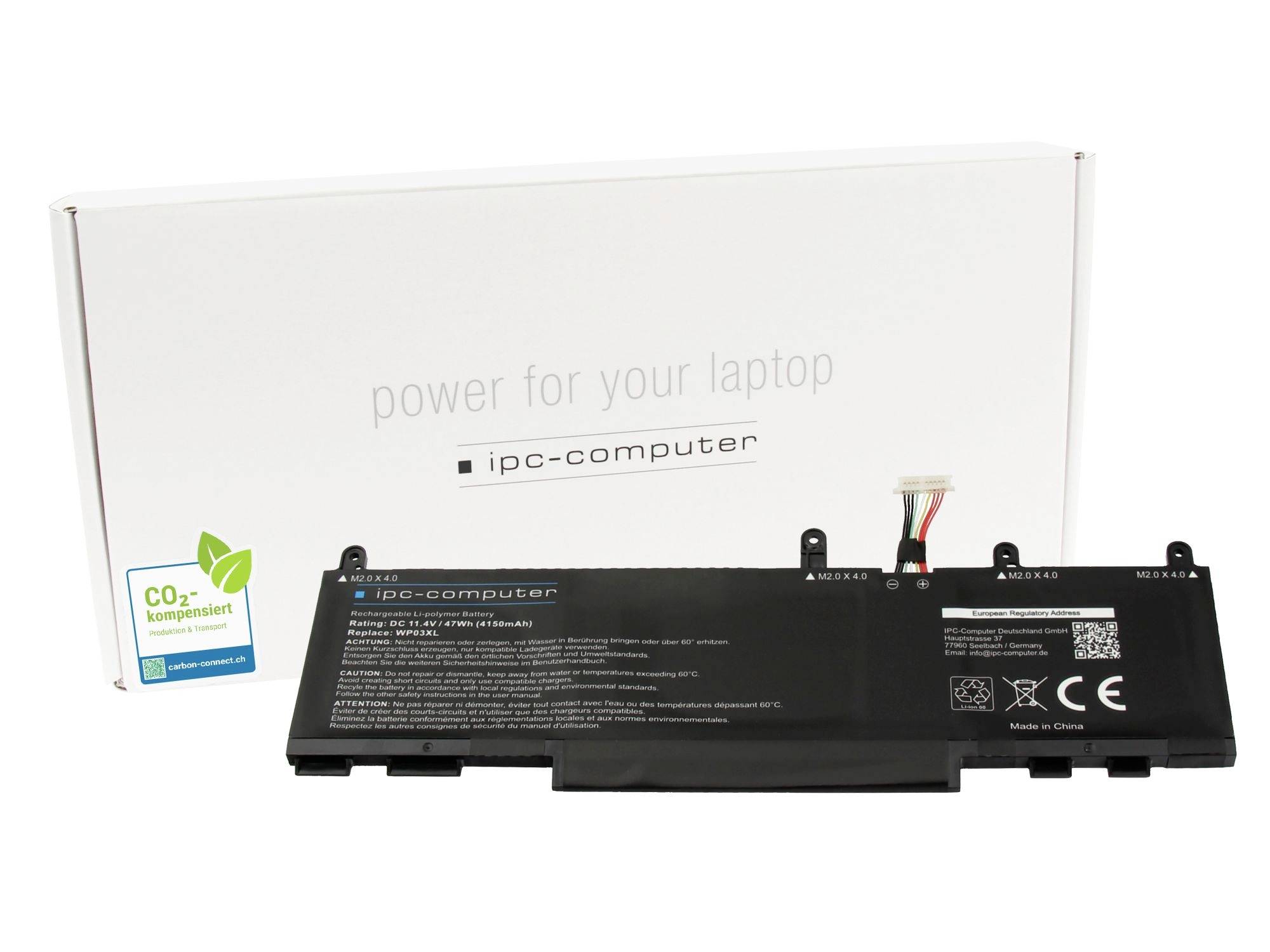 Laptop-Ersatzbatterie vor einer weißen „Power für Ihren Laptop