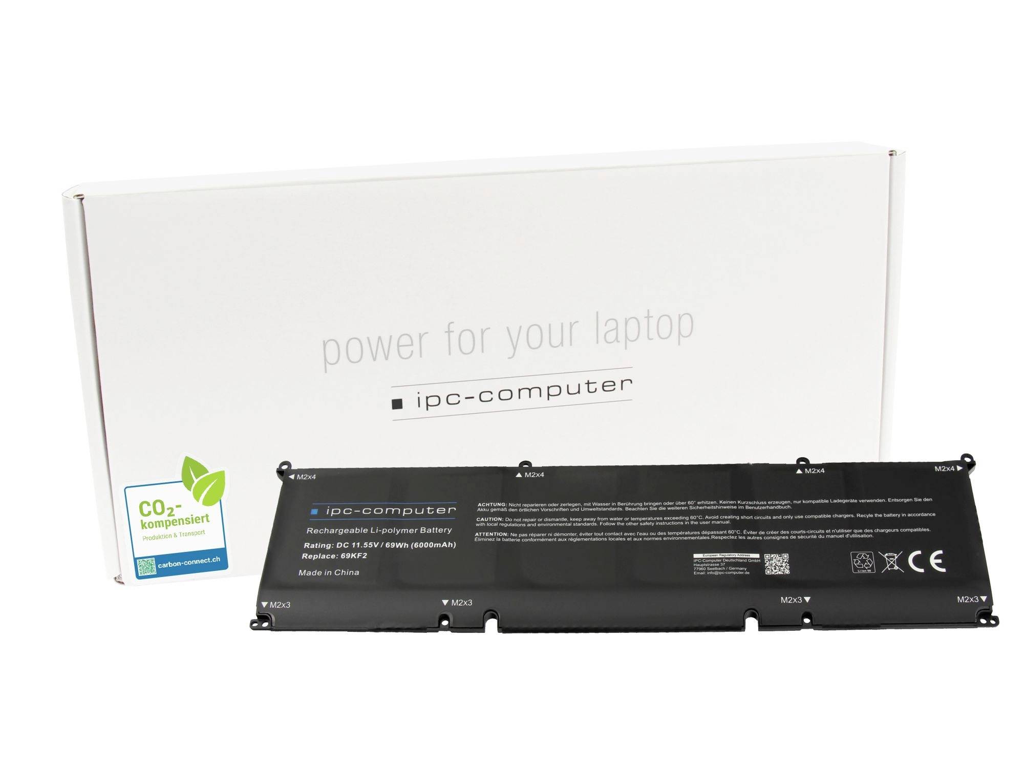 Schwarzer Ersatz-Laptop-Akku vor weißer Box mit der Aufschrift „power for your laptop