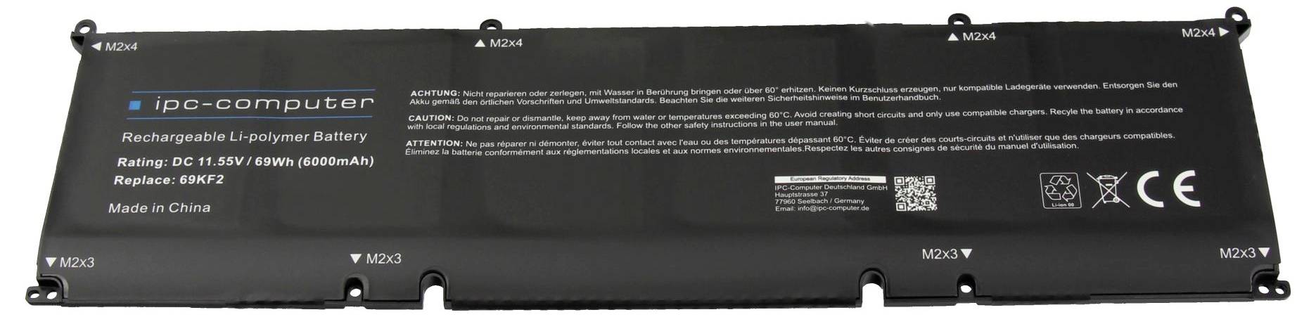 Schwarzes Laptop-Akku-Pack mit Beschriftung IPC-computer, Nennleistung 11,1V 50Wh 4500mAh, mit Warn- und Zertifizierungsmarkierungen.