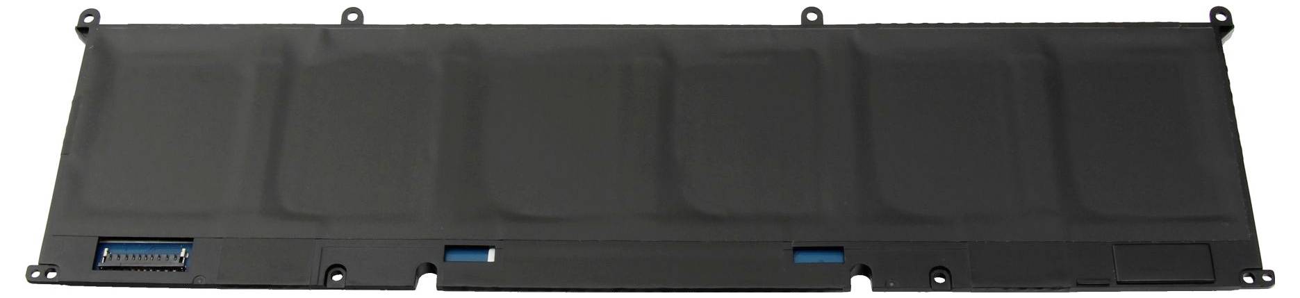 Schwarzes rechteckiges Montagepanel mit mehreren Schraubenlöchern und drei kleinen blauen rechteckigen Etiketten oder Anschlüssen entlang der unteren Kante.