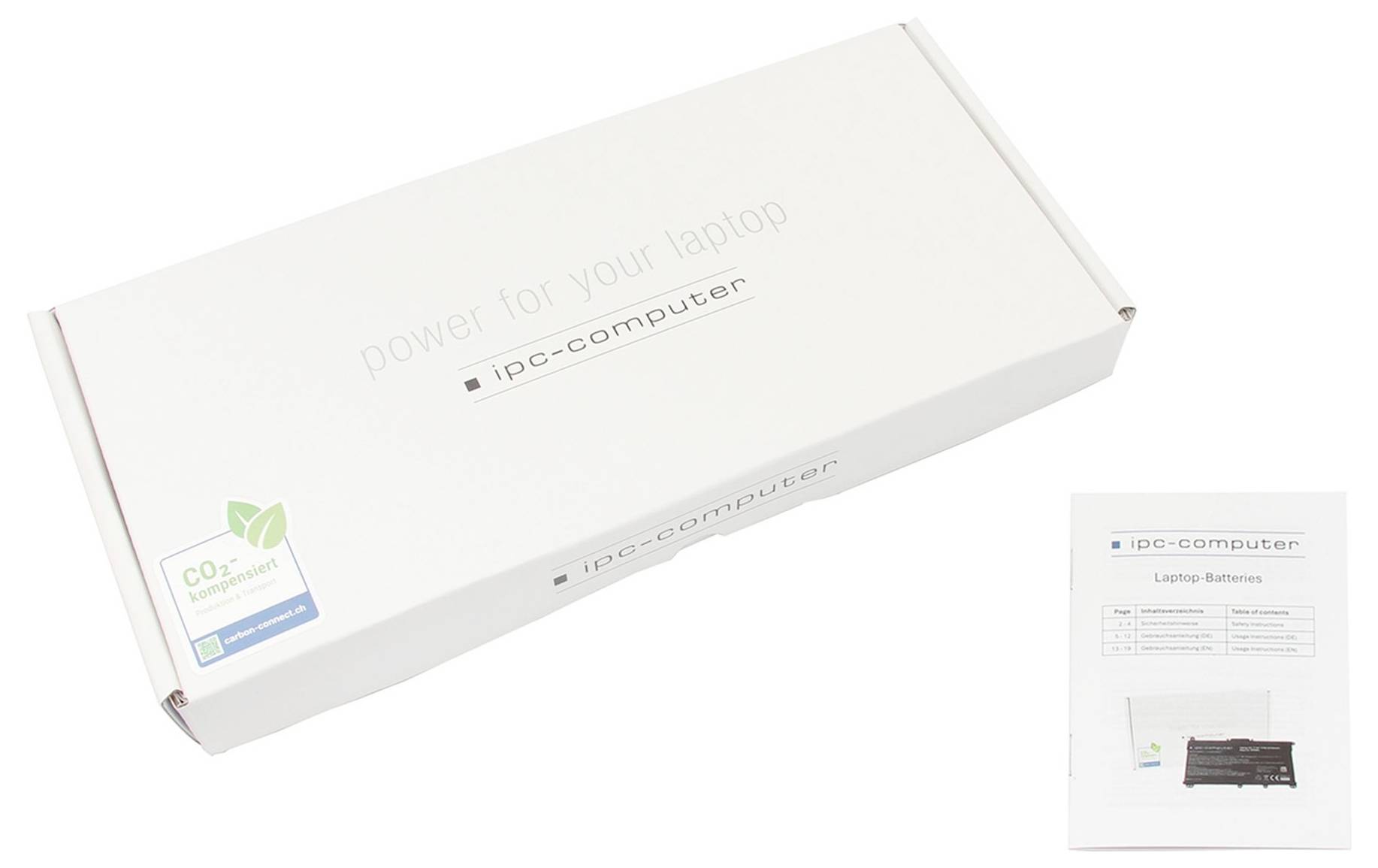 Weiße IPC-Computer-Laptop-Batteriebox mit Verpackung und daneben abgebildetem gedrucktem Produktblatt