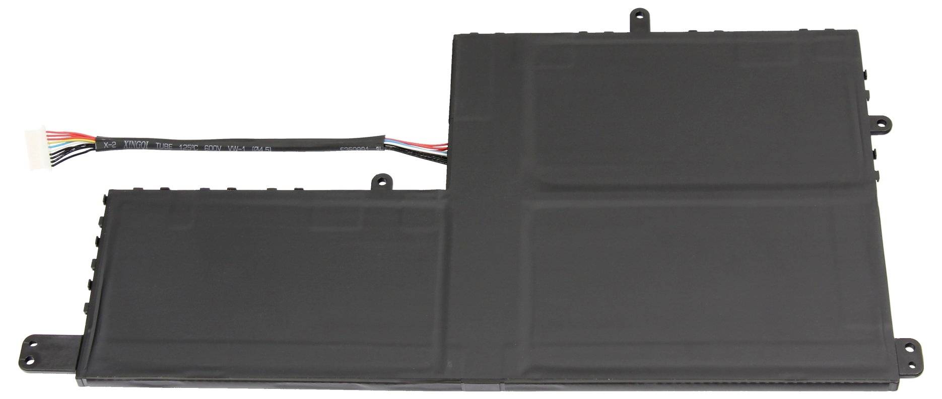 Schwarzes rechteckiges elektronisches Batteriepack oder Modul mit angeschlossenem Kabelwerk, auf weißem Hintergrund dargestellt.