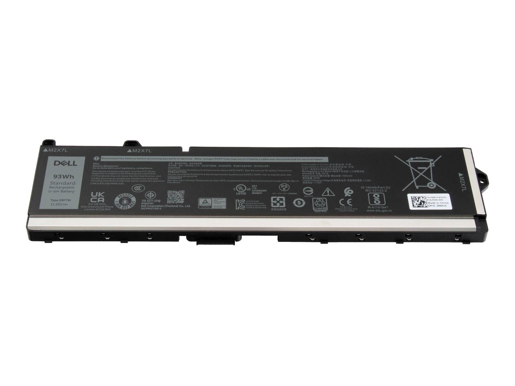 Dell 93-Wh-Laptop-Akkupack auf weißem Hintergrund gezeigt, mit sichtbaren Etiketten und Recycling-Symbolen.