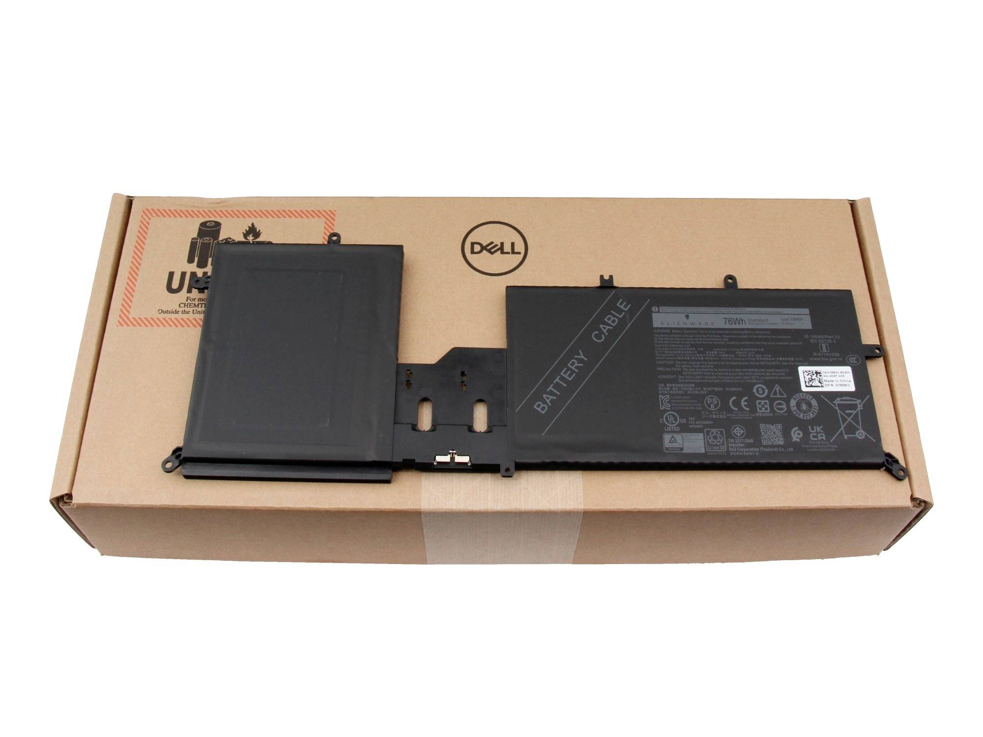 Dell-Laptop-Akku mit schwarzen Batteriemodulen in einem Kartonversandkarton.