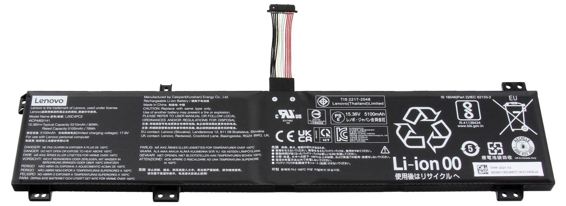 Laptop-Akkupack mit Lenovo Li-Ionen 00, gezeigt mit angeschlossenen Verbindungskabeln und behördlichen Symbolen auf schwarzem Gehäuse.