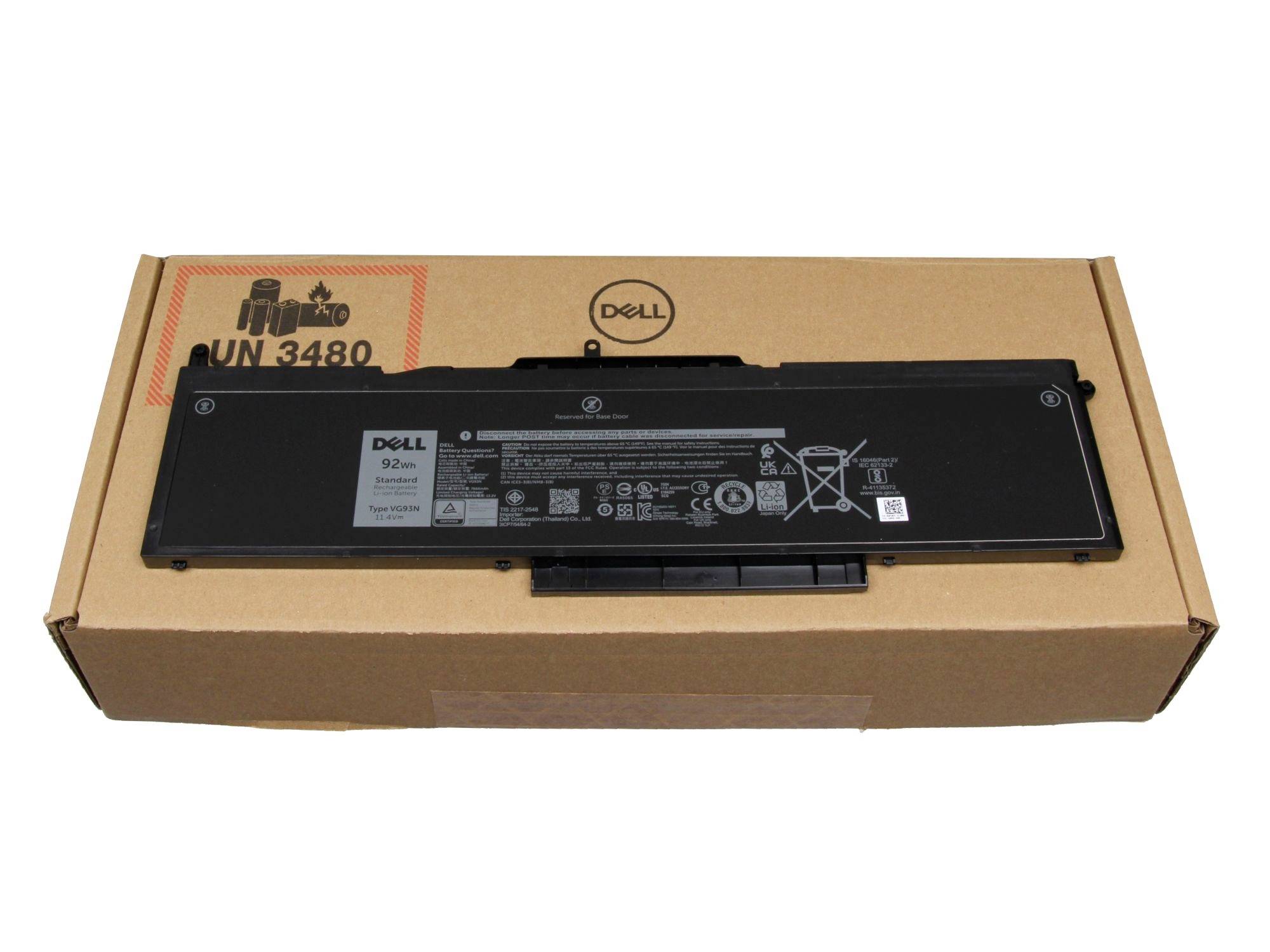 Dell-Laptop-Akkupack liegt auf seiner Kartonversandbox mit der Bezeichnung 