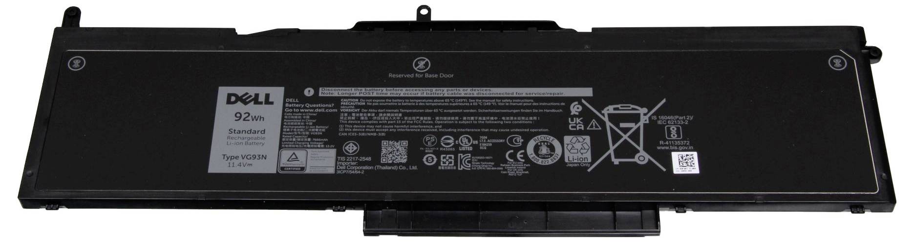 Schwarze Dell 92Wh Laptop-Batterie mit Kennzeichnungsetiketten und Steckverbinderlaschen auf weißem Hintergrund.