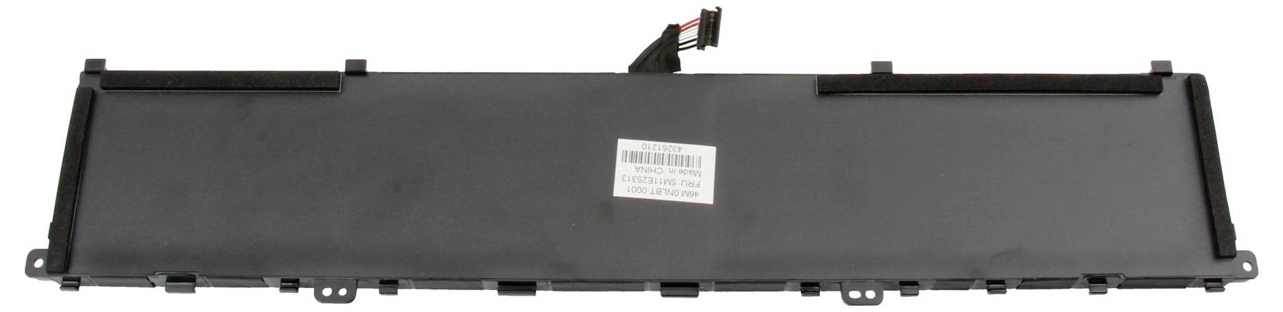 Langes schwarzes rechteckiges elektronisches Bedienfeld oder Abdeckung mit Montagelaschen und einem kleinen weißen Barcode-Etikett in der Mitte.