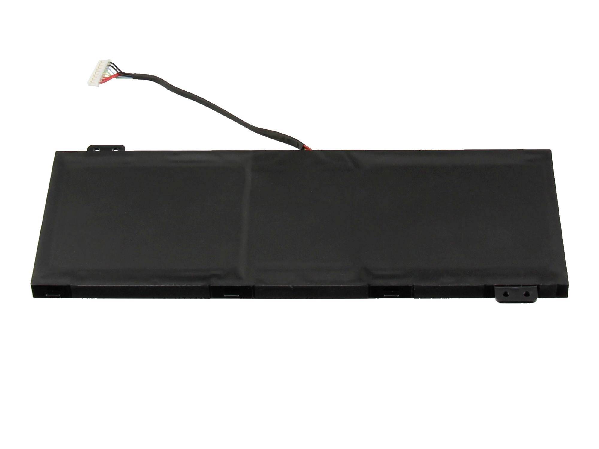 Schwarze rechteckige Laptop-Batterie mit angeschlossenem Verbindungskabel auf weißem Hintergrund.