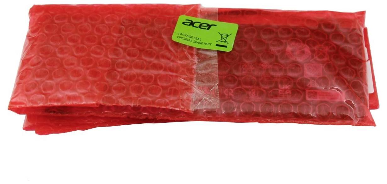 Rote Luftpolsterversandtasche mit grünem Acer-Etikett oben, abgebildet auf weißem Hintergrund.
