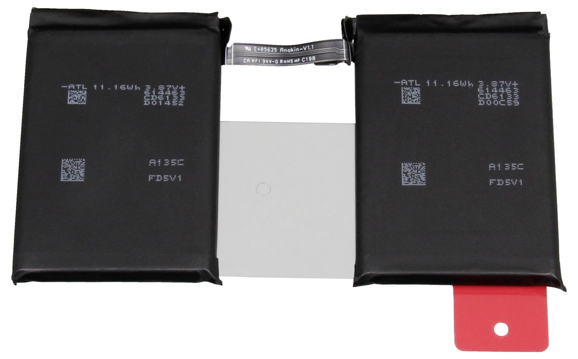 Duales Lithium-Ionen-Batteriepack mit zwei schwarzen Zellen, die durch eine zentrale Schaltung verbunden sind, mit roten Abzuglaschen.