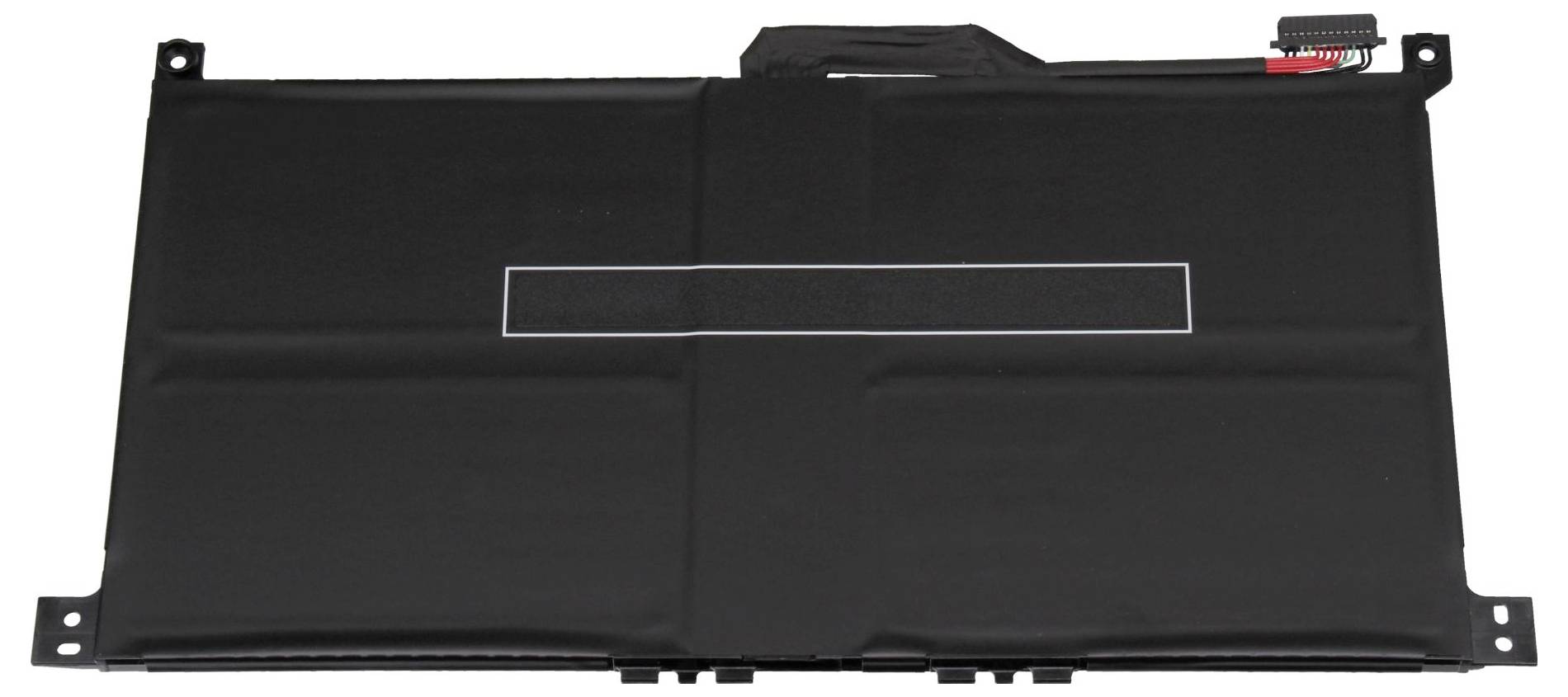 Schwarze Laptop-Batterie mit Stecker und Befestigungslaschen, isoliert auf weißem Hintergrund dargestellt.