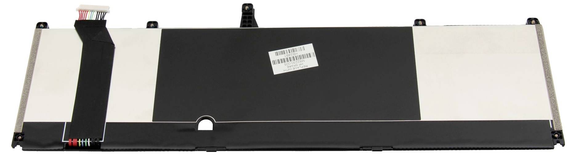 Schwarzes rechteckiges elektronisches Modul oder Akkupack mit weißen Seitenpaneelen, Befestigungslaschen und einem Barcode-Etikett oben.