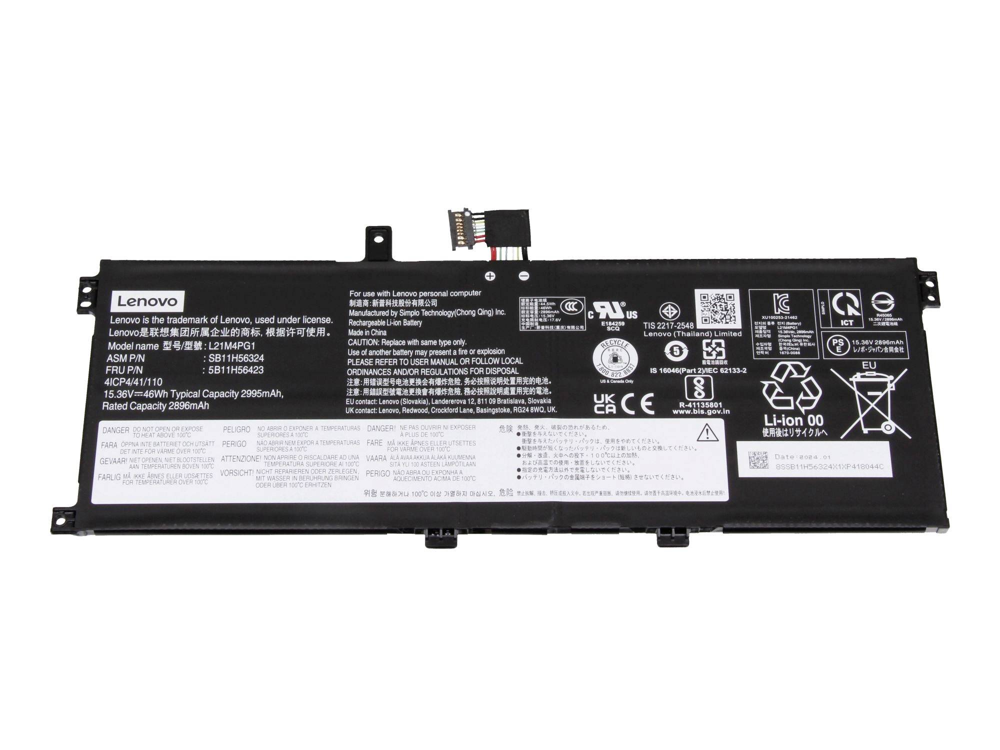 Lenovo-Laptop-Akku mit gedruckten Spezifikationen und Sicherheitssymbolen auf einem schwarzen rechteckigen Gehäuse.