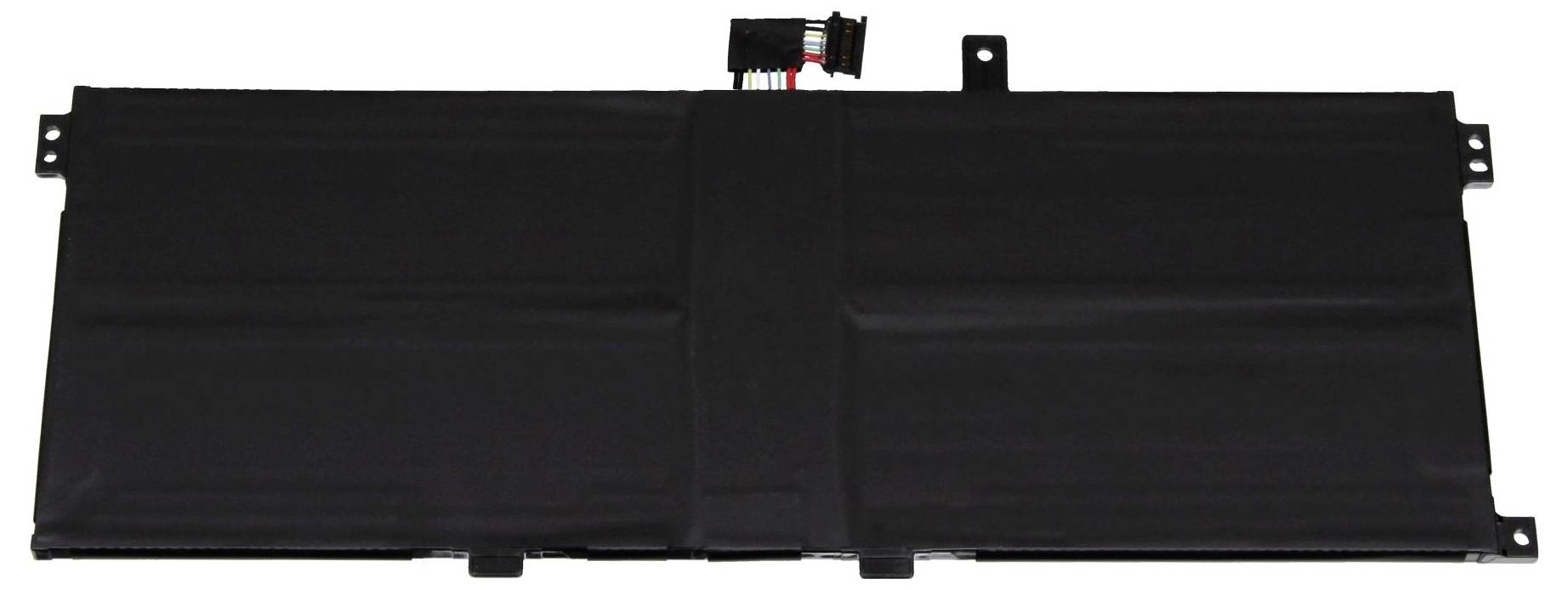 Schwarzes Laptop-Akkupack mit Befestigungslaschen und Stecker auf weißem Hintergrund.